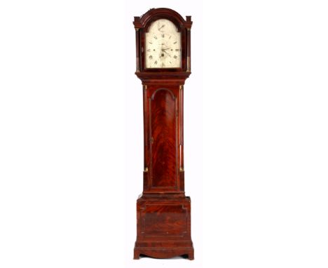 JOHN BATEMAN, LONDONA LATE 18TH CENTURY FLAME VENEERED MAHOGANY 8-DAY QUARTER STRIKING LONGCASE CLOCK the 12" silvered dial w