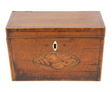 FOUR GEORGIAN TEA CADDIES including a tapering Mahogany inlaid caddy, a rectangular Mahogany boxwood strung caddy, a rectangu