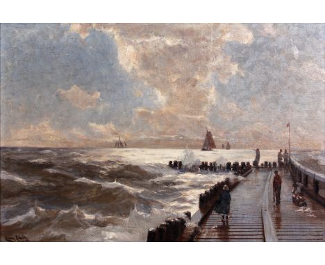 ERWIN CARL WILHELM GÜNTHER 1864 - 1927OIL ON CANVAS  seascape with figures on a pier and ships in the background 41cm high 60
