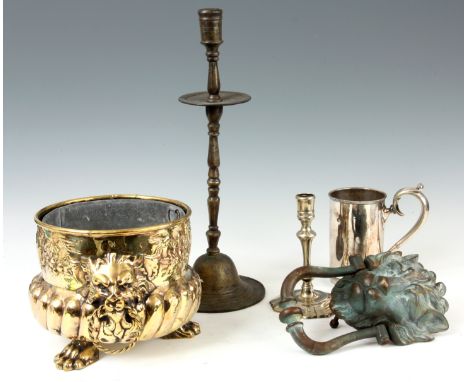 A SELECTION OF ITEMS to include a georgian paktong candlestick, a Regency brass jardiniere, a late 19th century lion mask doo