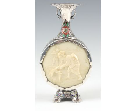 A MEIJI PERIOD SILVER AND ENAMEL MOON SHAPED SPILL VASE with floral enamel decoration and a circular signed ivory panel depic