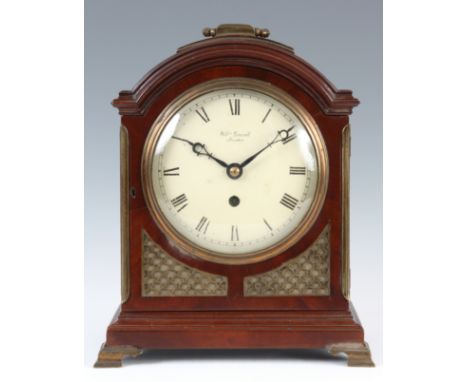 A LATE 19th CENTURY ENGLISH FUSEE MAHOGANY BRACKET CLOCK the arched pad top case with brass carrying handle above a convex gl