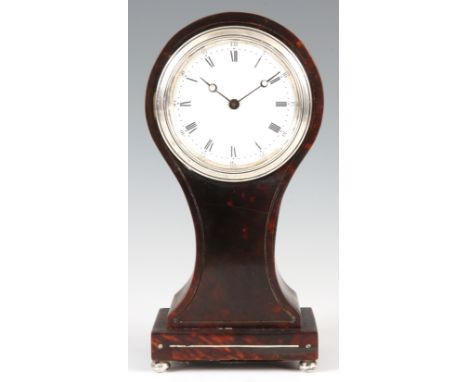 AN EDWARDIAN TORTOISESHELL BALLOON SHAPED MANTEL CLOCK with enamel dial and roman numerals fronting an eight-day spring drive
