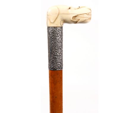 A LATE 19th CENTURY DOG&rsquo;S HEAD IVORY HANDLED WALKING CANE mounted on Malacca stick, the handle formed as a dog's head r