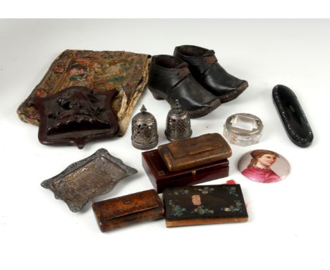 A SELECTION OF ITEMS to include a pair of child's Victorian clogs, a lacquer work spectacle case, two mulberry wood snuff box