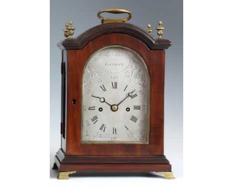 THOMAS PACE, LONDON A GEORGE III FIGURED MAHOGANY MINIATURE DOUBLE FUSEE BRACKET CLOCK the arch-topped moulded case with bras