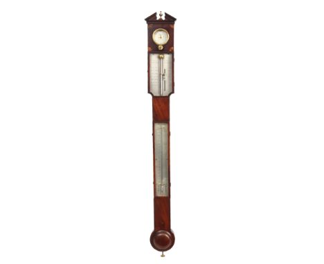 JOHN MERRY RONKETTI, BLOOMSBURYA FINE GEORGE III MAHOGANY AND SHELL INLAID STICK BAROMETER having architectural pediment abov