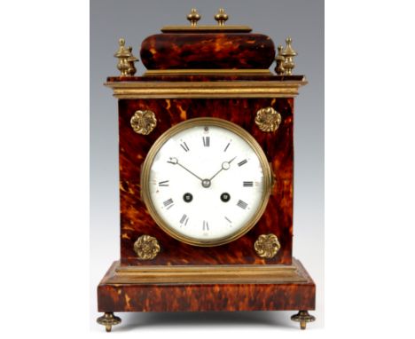 A LATE 19th CENTURY FRENCH TORTOISESHELL VENEERED MANTEL CLOCK the gilt brass moulded case with caddy top enclosing a 4.5&rdq