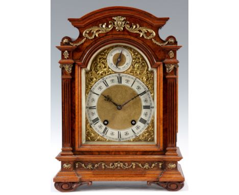 A LATE 19th CENTURY BURR WALNUT LENZKIRCH QUARTER CHIMING BRACKET CLOCK the arched top case above a glazed door with reeded c