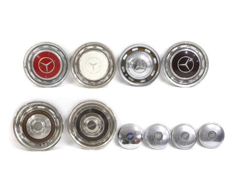 A collection of classic car chromium hubcaps, for Rolls-Royce, Bentley, Mercedes and a set of four Riley caps,largest 42.5cm 