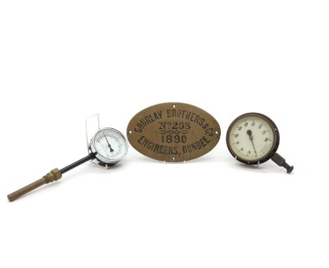 A steam engine oval maker's plaque, 'Gourlay Brothers &amp; Co., Engineers, no.298, 1890, Dundee', 17 x 27cm,together with tw