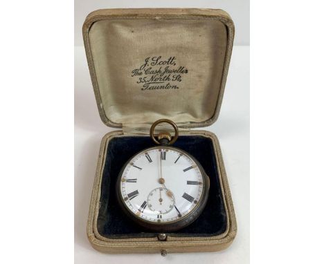 Anonymous, a quarter repeating open faced gun metal case pocket watch, the white enamel dial with black Roman numerals, origi