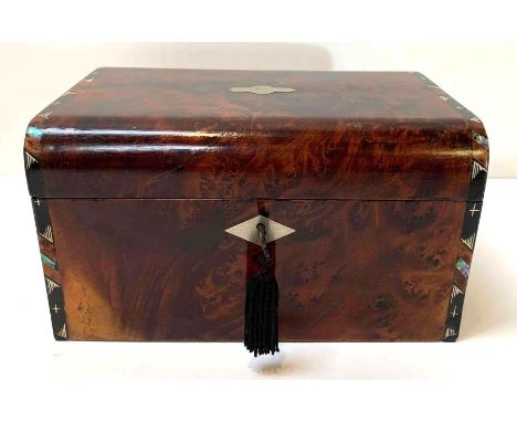 A 19th century burr wood tea caddy fitted with two lidded compartments, with key, 19.5cms x 13cms x 10.5cms high