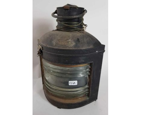 A black painted Davey's starboard 'ship lamp', later converted to electricity, 48cm high excluding handle