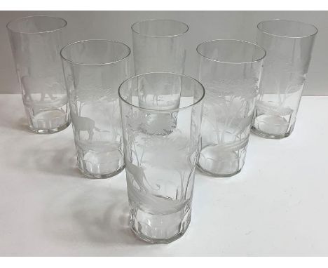 A set of six Big Game engraved glass tumblers, each with a different design of African game and with Rowland Ward leaflet