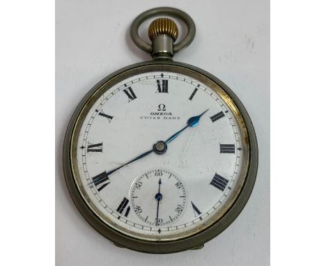 Omega, an open faced pocket watch, signed enamel dial, the four piece hinged case housing a signed keyless wound movement num