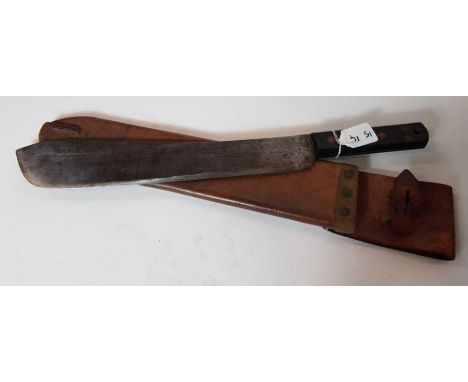 A British military issue machete in original leather sheath, the grip stamped with arrow and "44" the blade dated 1955, blade