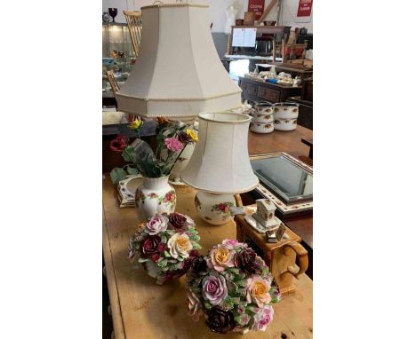 A collection of Royal Albert Old Country Roses items to include a novelty teapot, two lamps, flowers, vase, two photograph fr