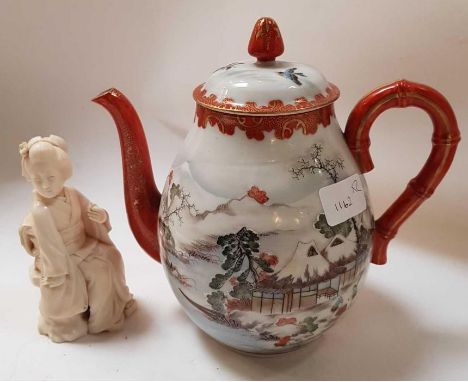 An early 20th century hand painted Japanese teapot together with a late 19th century ivory figurine of a Japanese geisha girl