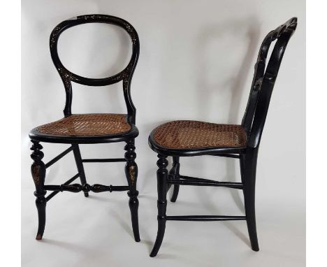 A Victorian ebonised bedroom chair within inlaid mother of pearl decoration and cane seat; together with another similar exam