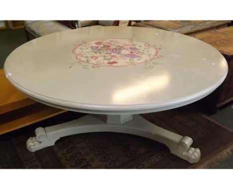 Extremely large Victorian style circular painted pedestal dining table, with central floral decorated panel with canted colum