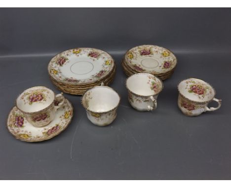 Victorian Melba part tea wares, with printed floral detailing and gilded shaped rims, comprising four tea cups and five sauce