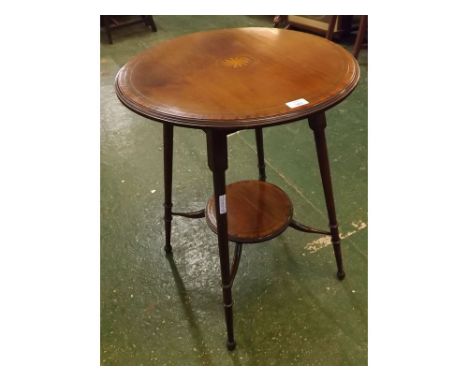 Edwardian inlaid and cross-banded mahogany circular two-tier occasional table with circular base shelf, adjoining four turned