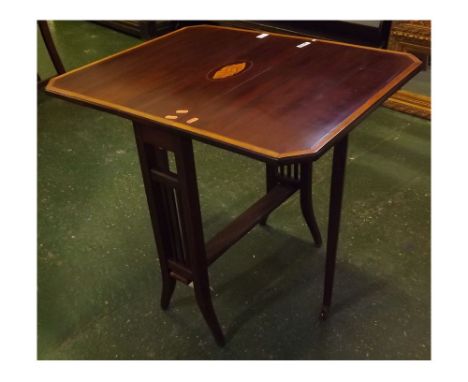 Edwardian inlaid and cross-banded mahogany Sutherland table, with shaped rectangular leaves, shell inlay to top, base shelf, 