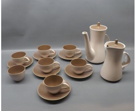 Poole two-tone brown glazed part coffee set comprising coffee pot, hot water jug, six cups and saucers and further matching s