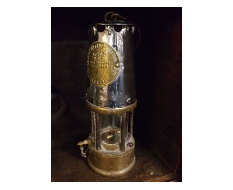 Vintage miner's lamp with chrome detail and brass plaque, The Protector Lamp and Lighting Company Limited, Eccles, lamp type 
