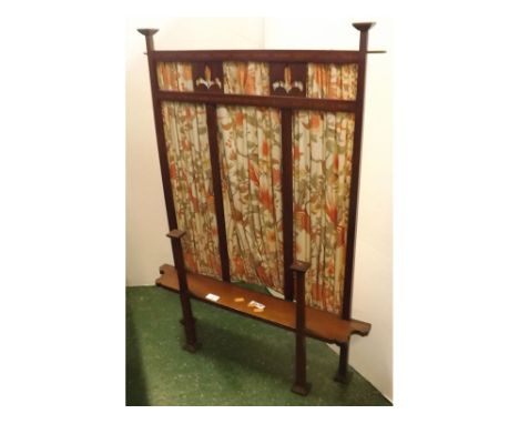 Arts & Crafts style bedroom table top screen, with curtained back and base shelf, 25 1/2 ins wide, 38 ins tall overall 