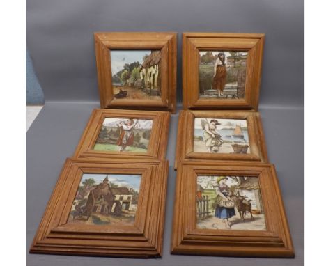Set of six pine framed Minton's ceramic tiles with printed decoration of figures in landscape scenes, each tile 6ins square