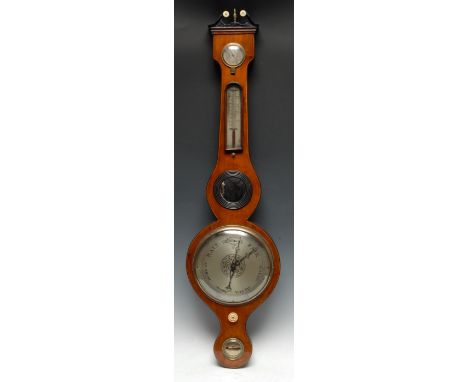 A post-Regency mahogany wheel barometer, the level signed Bernascone, Sheffield, 20cm silvered register, hygrometer, alcohol 