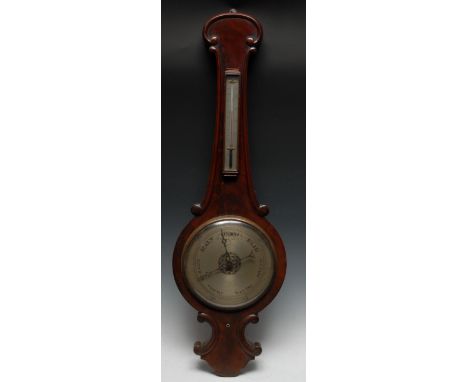 A Victorian mahogany wheel barometer, 24cm silvered register, alcohol thermometer, the flame veneered case outlined with C-sc