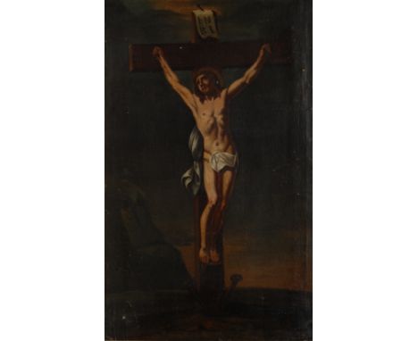 Spanish School (18th century)  The Crucifixionnumbered 483 in manuscript to verso, oil on canvas, 74cm x 46.5cm 