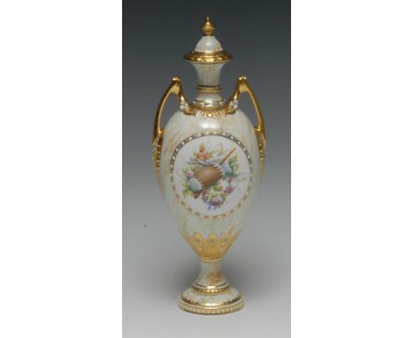 A Lynton porcelain two-handled baluster vase and cover, painted by Stefan Nowacki and T. Cooke, signed, with a musical trophy