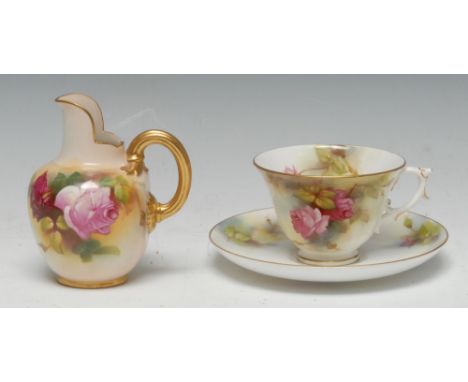 A Royal Worcester flat sided jug, painted by Salisbury, signed, with large red and pink roses on bush ivory grounds, gilt loo