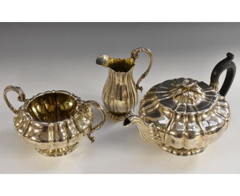 Paul Storr - a George IV silver three piece melon shaped tea service, comprising teapot, milk jug and sugar basin, hinged cov