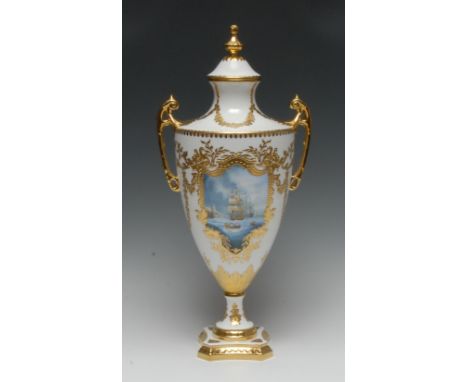 A Lynton porcelain two-handled urnular vase and cover, painted by Stefan Nowacki, signed, with British naval men-of-war moore