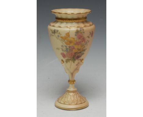 A Royal Worcester ovoid vase, printed and painted with colourful summer flowers on a blush ivory ground, the vase, supported 