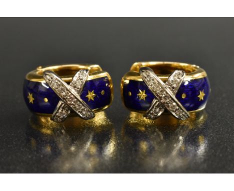 Faberge  - a pair of blue enamel and diamond hoop earrings, each with hinge loop body, deep blue enamelled front with raised 