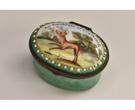 A George III South Staffordshire enamel oval patch box, hinged cover painted with a fox and inscribed An Emblem of Craftinefs