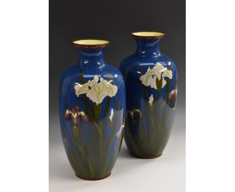 A pair of tall Japanese cloisonné enamel ovoid vases, each well decorated with flowering irises in alternating tones of white