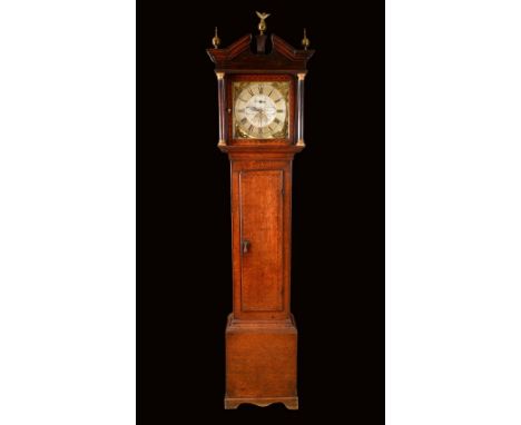 A George III century oak longcase clock, 28.5cm square brass dial inscribed Plimer, Wellington, silvered chapter ring with Ro