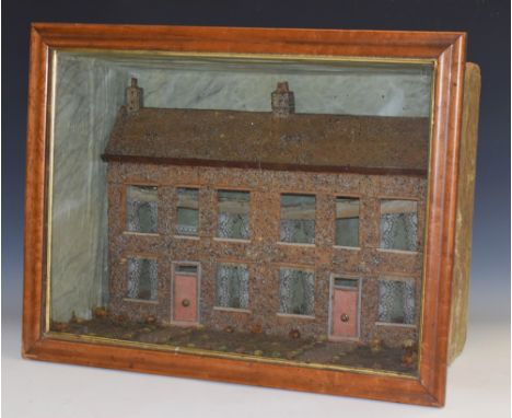Folk Art - a 19th century diorama, depicting terraced houses, each with a front garden set with flowers, maple frame, 52cm x 
