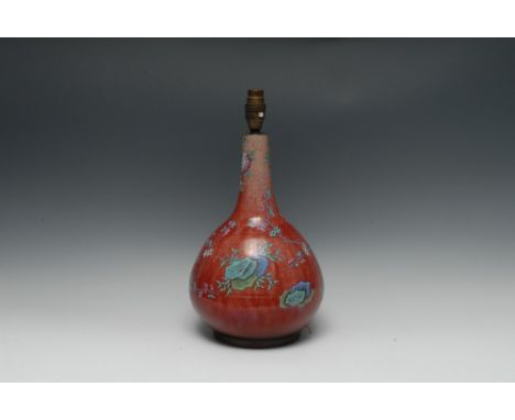 A Chinese bottle vase lamp, enamelled in green, blue and pink with song bird perched on blossoming branches, on a red ground,