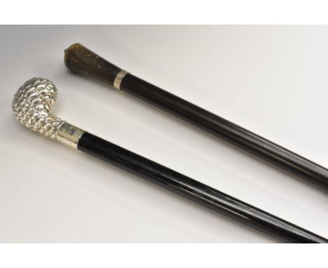 A gentleman's silver-mounted ebonised walking stick, shillelagh-type silver crocodile effect grip, stamped 925, brass tip, 94