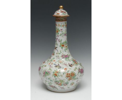 A 19th century Chinese porcelain famille verte bottle vase, painted in colourful polychrome with birds, butterflies, ripe pea