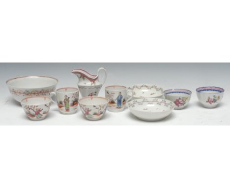Two New Hall Boy and Butterfly pattern tea bowls and saucers, pattern 421, c.1800; two similar coffee cups; a New Hall helmet