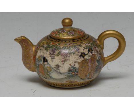 A Japanese Satsuma cabinet miniature teapot, painted with geishas in landscaped gardens, chrysanthemums to verso, domed cover